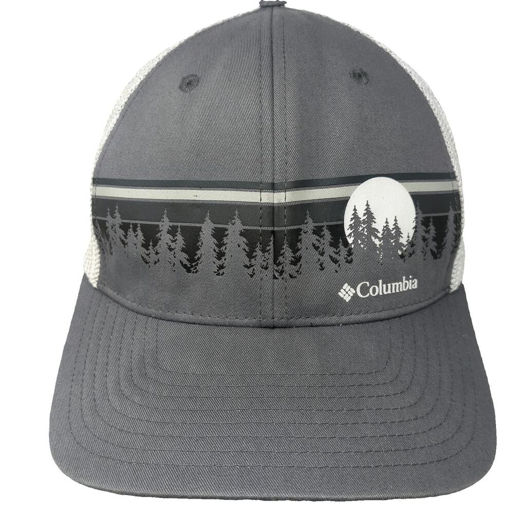 Columbia Baseball Cap Gray XL Hat Mesh Back Treeline Forest Graphic Stretch Fit